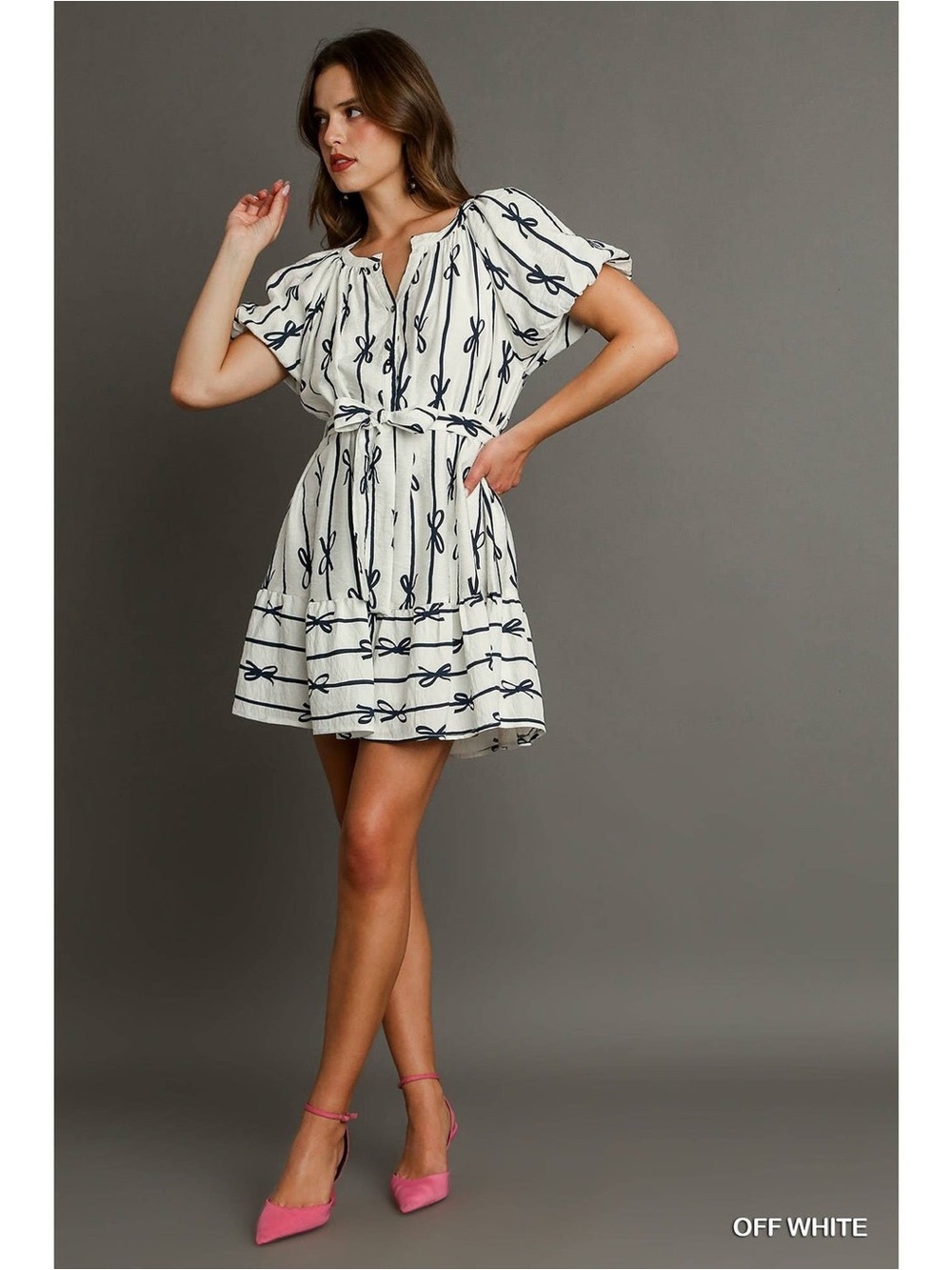 Umgee Off-White Mini Dress with Navy Bow Stripe Curvy Plus Size XL - Picture 2 of 10